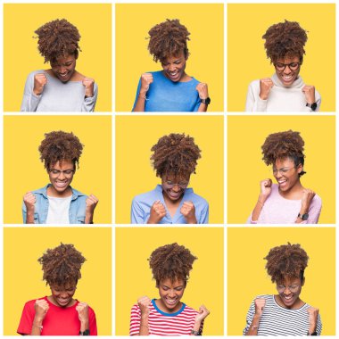 Kolaj gülümseyen ve başarı için çığlık genç güzel Afrikalı kızın üzerinde sarı izole arka plan çok mutlu ve heyecanlı kaldırdı, silah ile kazanan jest yapıyor. Kutlama kavramı.