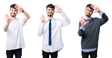 Çerçeve kullanarak yapıyor gülen eller avuç içi ve parmaklar, kamera perspektif izole arka plan üzerinde genç adam kolaj