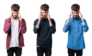 Çünkü kolaj bir genç adam arka plan baş baş ağrısı için el ile izole stres. Migren muzdarip.