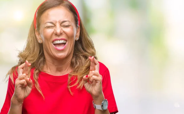 Mujer Hispana Mayor Mediana Edad Sobre Fondo Aislado Sonriendo Cruzando —  Fotos de Stock