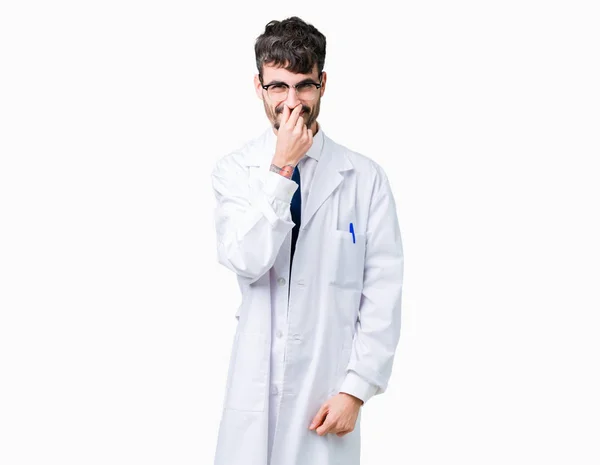 Young Professional Scientist Man Wearing White Coat Isolated Background Smelling — Stock Photo, Image