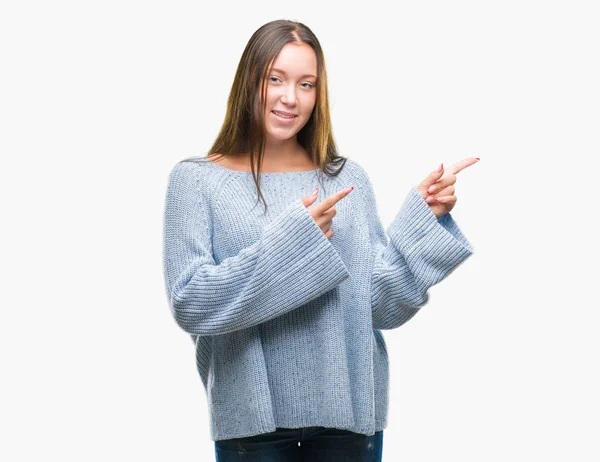 Young Beautiful Caucasian Woman Wearing Winter Sweater Isolated Background Smiling — Stock Photo, Image