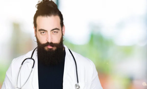 Doctor Long Hair Wearing Medical Coat Stethoscope Skeptic Nervous Frowning — Stock Photo, Image