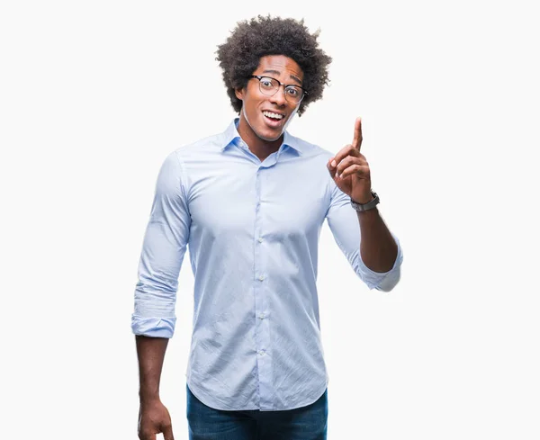 Afro Amerikai Üzletember Szemüveg Alatt Elszigetelt Háttér Ujját Fel Sikeres — Stock Fotó