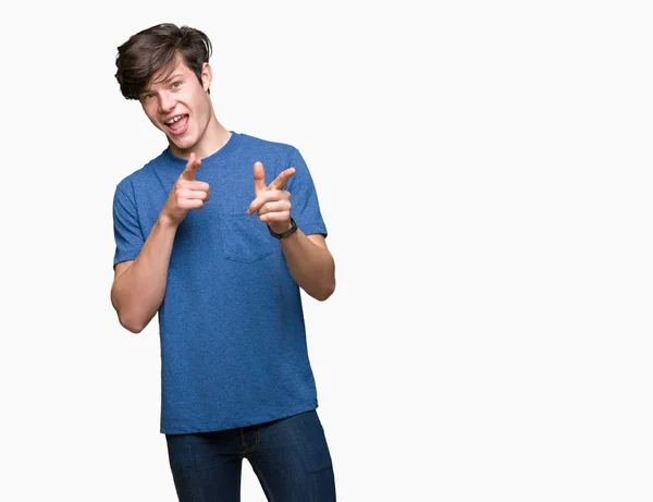 Young Handsome Man Wearing Blue Shirt Isolated Background Pointing Fingers — Stock Photo, Image