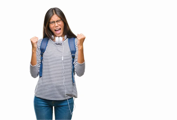 Young Asian Student Woman Wearing Headphones Backpack Isolated Background Very — Stock Photo, Image