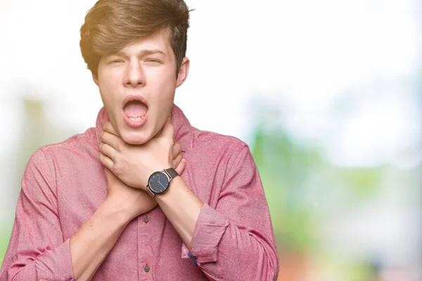 Jonge Knappe Business Man Geïsoleerde Achtergrond Schreeuwen Stik Omdat Pijnlijke — Stockfoto