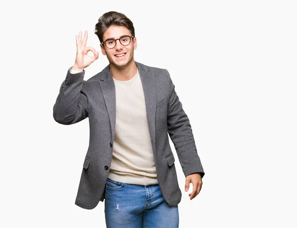 Jovem Homem Negócios Usando Óculos Sobre Fundo Isolado Sorrindo Positivo — Fotografia de Stock