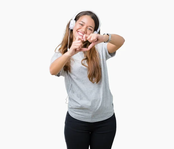 Jovem Mulher Bonita Usando Fones Ouvido Ouvindo Música Sobre Fundo — Fotografia de Stock