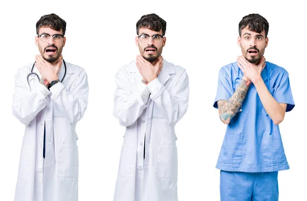 Koláž Lékař Muž Lékařské Kabátě Přeřvávání Izolované Pozadí Udusit Protože — Stock fotografie