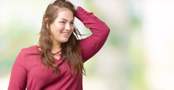 Schöne Size Junge Frau Über Isoliertem Hintergrund Lächelt Zuversichtlich Berühren — Stockfoto