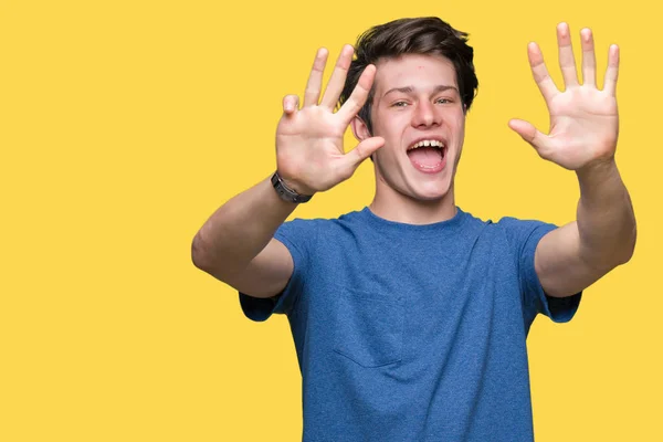 Ung Vacker Man Iklädd Blå Shirt Över Isolerade Bakgrund Visar — Stockfoto