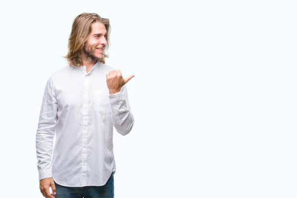 Young Handsome Man Long Hair Isolated Background Smiling Happy Face — Stock Photo, Image