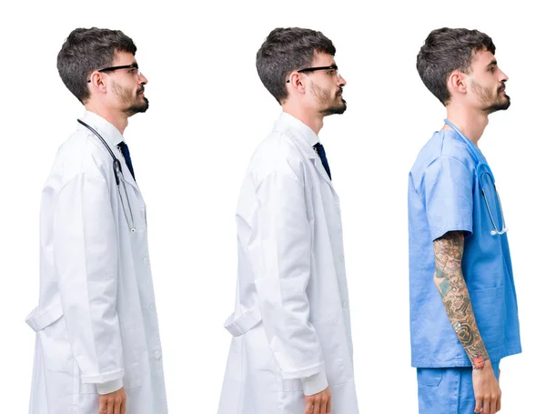 Collage Doctor Man Wearing Medical Coat Isolated Background Looking Side — Stock Photo, Image