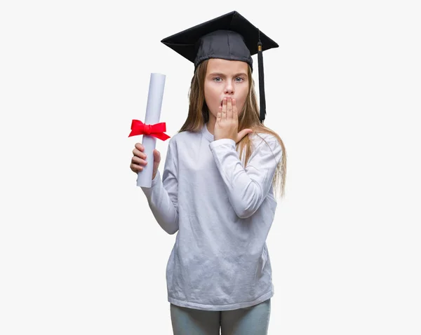 Young Beautiful Girl Wearing Graduate Cap Holding Degree Isolated Background — Stock Photo, Image