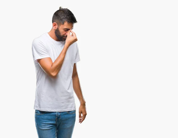 Hombre Hispano Adulto Sobre Fondo Aislado Cansado Frotando Nariz Ojos —  Fotos de Stock