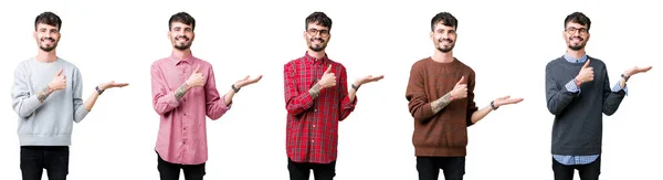 Collage Young Man Isolated Background Showing Palm Hand Doing Gesture — Stock Photo, Image