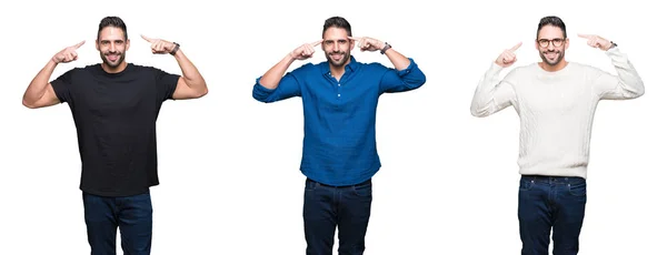 Colagem Homem Bonito Sobre Fundo Branco Isolado Sorrindo Apontando Para — Fotografia de Stock