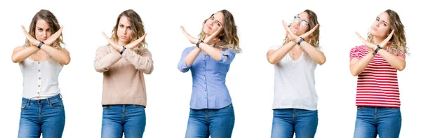 Collage Joven Hermosa Rubia Sobre Fondo Aislado Expresión Rechazo Cruzando — Foto de Stock