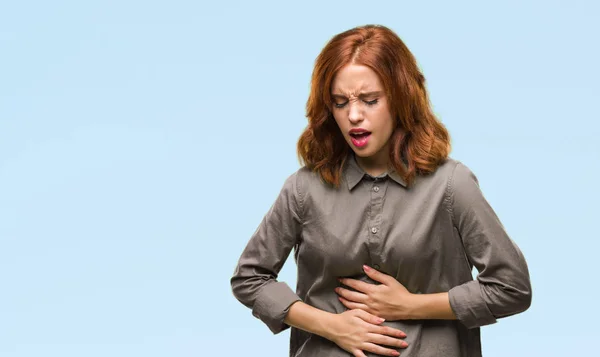 Young Beautiful Woman Isolated Background Hand Stomach Because Indigestion Painful — Stock Photo, Image