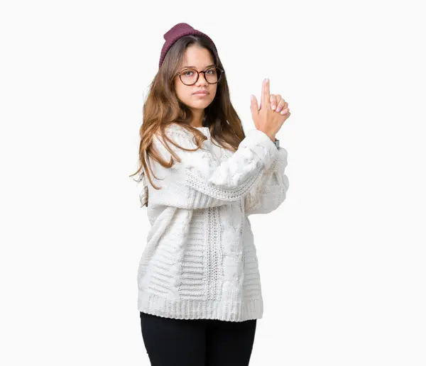 Young Beautiful Brunette Hipster Woman Wearing Glasses Winter Hat Isolated — Stock Photo, Image