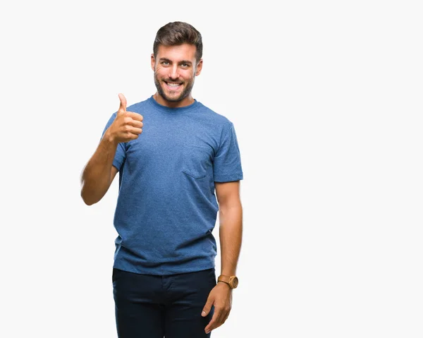 Jovem Homem Bonito Sobre Fundo Isolado Fazendo Polegares Felizes Gesto — Fotografia de Stock