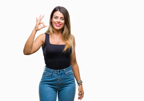 Joven Hermosa Mujer Sobre Fondo Aislado Sonriendo Positiva Haciendo Signo —  Fotos de Stock