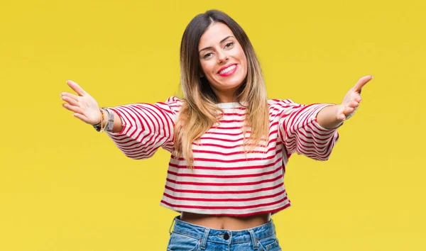 Jovem Bela Mulher Listras Casuais Camisola Inverno Sobre Fundo Isolado — Fotografia de Stock