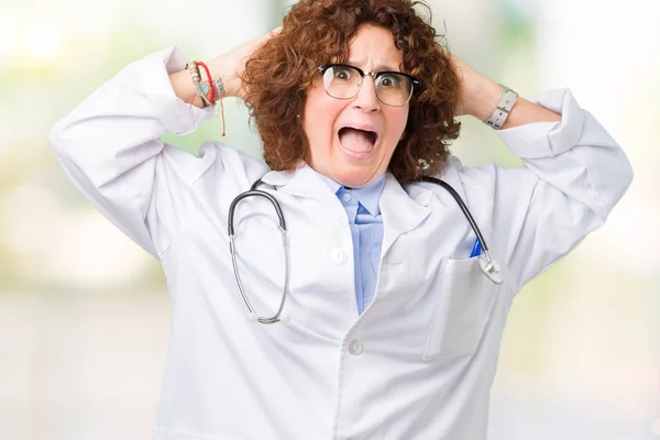 Middle Ager Senior Doctor Woman Isolated Background Crazy Scared Hands — Stock Photo, Image