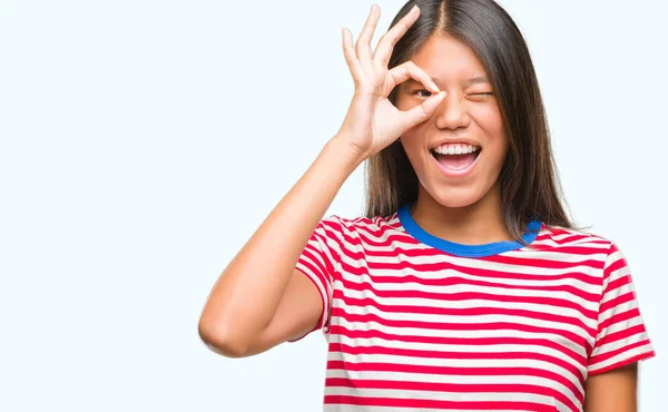 Young Asian Woman Isolated Background Doing Gesture Hand Smiling Eye — Stock Photo, Image