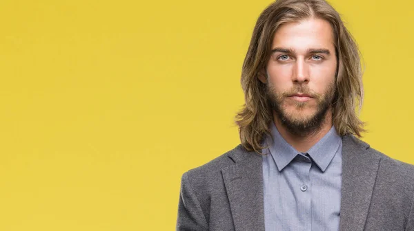 Young Handsome Business Man Long Hair Isolated Background Serious Expression — Stock Photo, Image