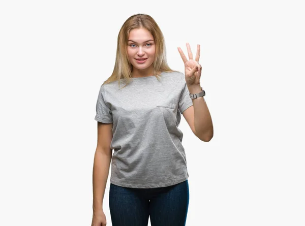 Молода Біла Жінка Над Ізольованим Фоном Показує Вказує Пальцями Номер — стокове фото