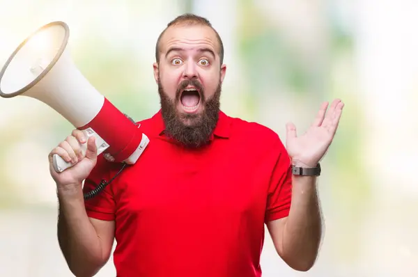 Junger Kaukasischer Mann Der Durch Megafon Vor Isoliertem Hintergrund Sehr — Stockfoto