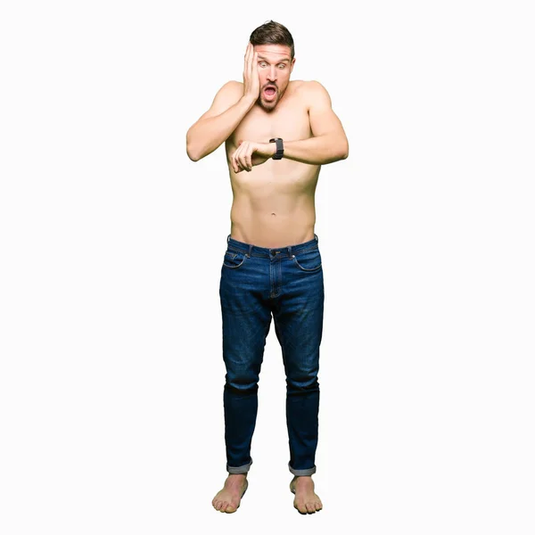 Handsome Shirtless Man Showing Nude Chest Looking Watch Time Worried — Stock Photo, Image