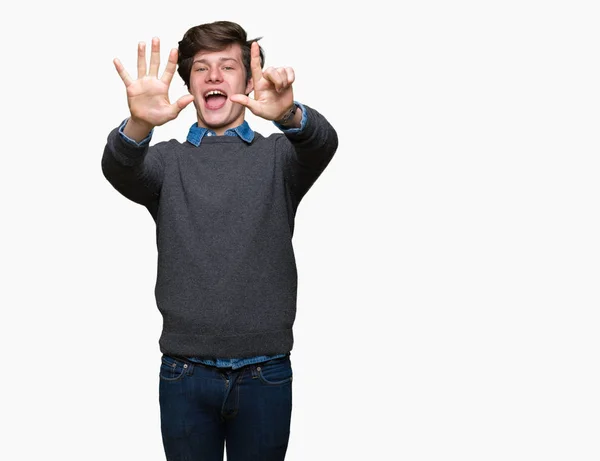 Jonge Knappe Man Van Elegante Geïsoleerde Achtergrond Weergeven Met Vingers — Stockfoto