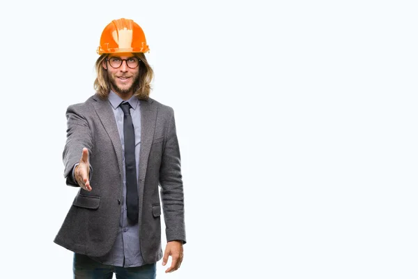 Joven Hombre Arquitecto Guapo Con Pelo Largo Con Casco Seguridad — Foto de Stock