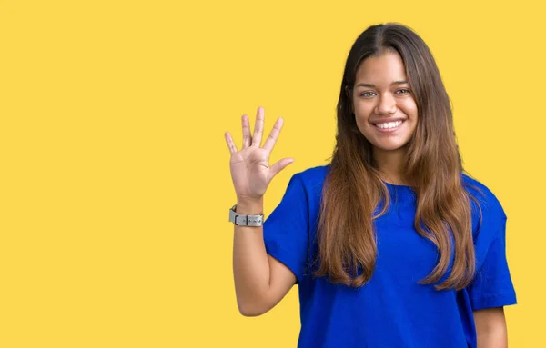 Joven Hermosa Mujer Morena Vistiendo Camiseta Azul Sobre Fondo Aislado — Foto de Stock