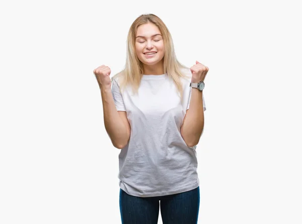 Jonge Kaukasische Vrouw Geïsoleerde Achtergrond Enthousiast Voor Succes Met Armen — Stockfoto