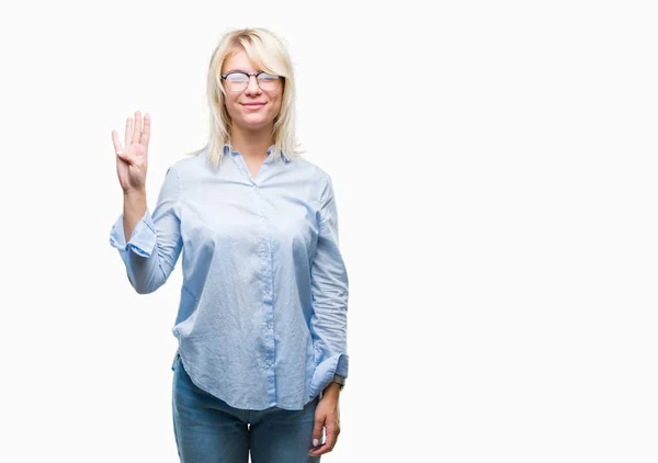 Jonge Mooie Blonde Zakelijke Vrouw Dragen Bril Geïsoleerde Achtergrond Weergeven — Stockfoto