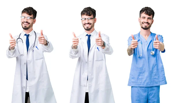 Collage Doctor Man Wearing Medical Coat Isolated Background Approving Doing — Stock Photo, Image