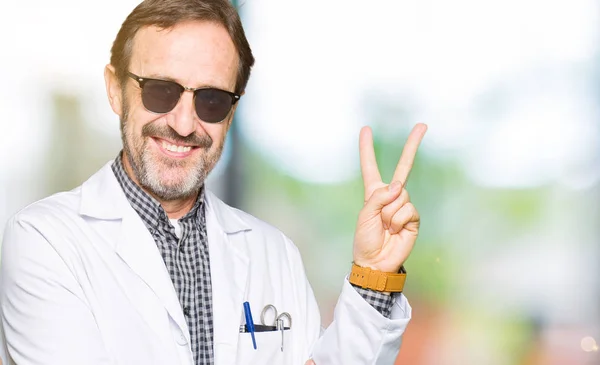 Handsome Middle Age Doctor Man Wearing Sunglasses Smiling Happy Face — Stock Photo, Image