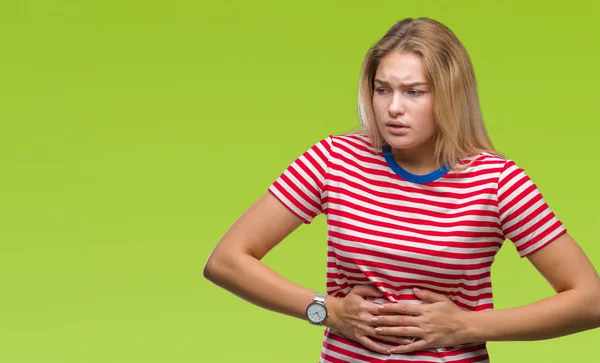 Mujer Caucásica Joven Sobre Fondo Aislado Con Mano Estómago Porque — Foto de Stock