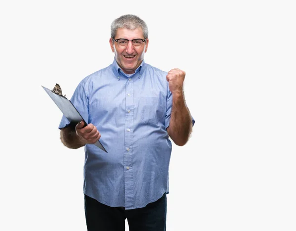 Handsome Senior Inspector Man Holding Clipboard Isolated Background Screaming Proud — Stock Photo, Image