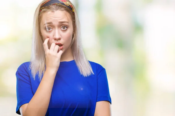 Young Blonde Woman Isolated Background Looking Stressed Nervous Hands Mouth — Stock Photo, Image