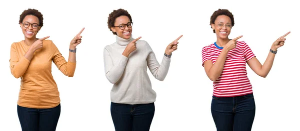 Jovem Afro Americana Com Cabelo Afro Usando Óculos Sorrindo Olhando — Fotografia de Stock