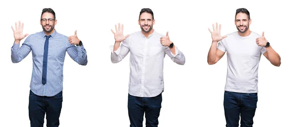 Colagem Homem Negócios Bonito Sobre Fundo Isolado Branco Mostrando Apontando — Fotografia de Stock