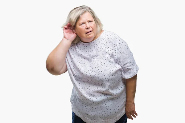 Senior Size Mulher Caucasiana Sobre Fundo Isolado Sorrindo Com Mão — Fotografia de Stock