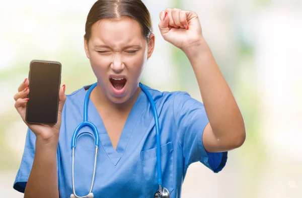 Young Caucasian Doctor Woman Showing Smarpthone Isolated Background Annoyed Frustrated — Stock Photo, Image