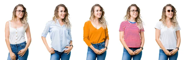 Collage Van Jonge Mooie Blonde Meisje Geïsoleerde Achtergrond Zoek Weg — Stockfoto