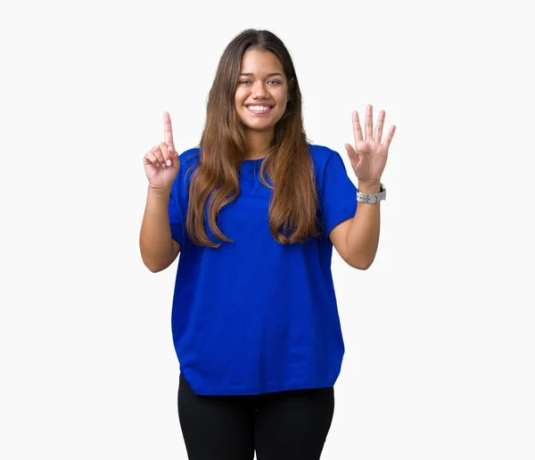 Jonge Mooie Brunette Vrouw Blauw Shirt Dragen Geïsoleerde Achtergrond Weergeven — Stockfoto